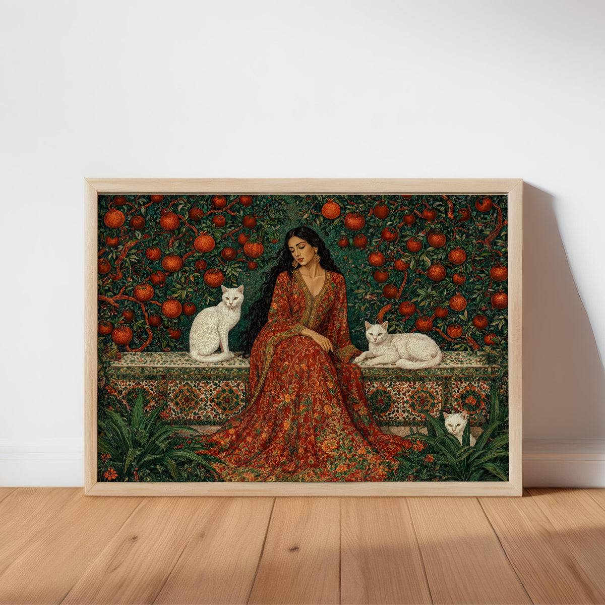 Iranian Woman & Cats in Persian Pomegranate Tree Garden Print, Middle Eastern Botanical Wall Art, Romantic Flower Decor, Elegant Courtyard