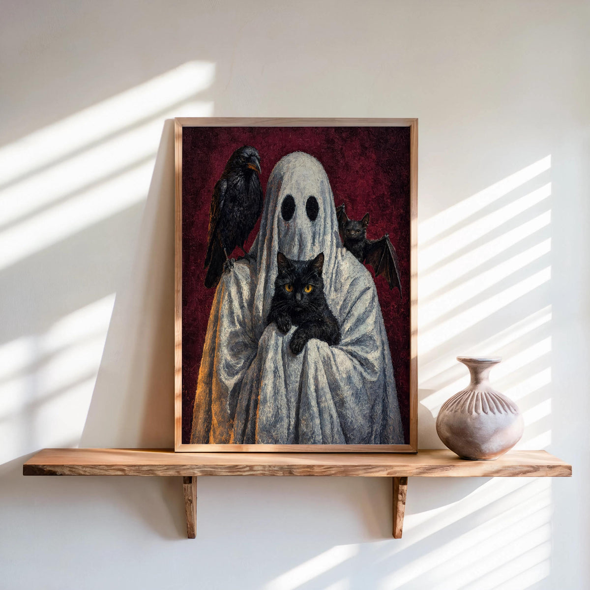 Ghost with Black Cat, Crow & Bat Print, Halloween Ghost Decor, Dark Academia Wall Art, Occult Gothic Painting, Cute Funny Fantasy Poster