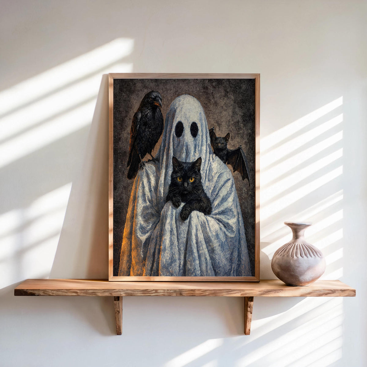 Ghost with Black Cat, Crow & Bat Print, Halloween Ghost Decor, Dark Academia Wall Art, Occult Gothic Painting, Cute Funny Fantasy Poster