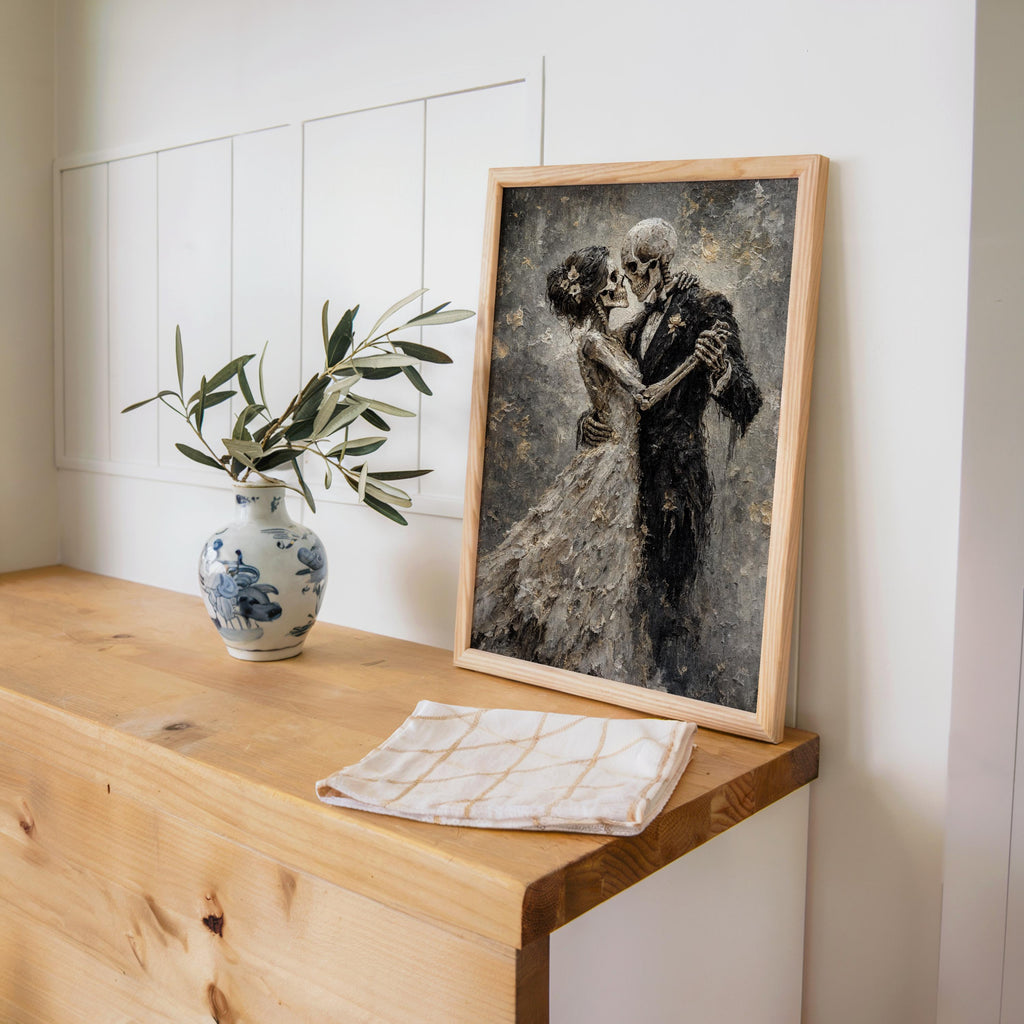 Skeletons Dancing Print, Gothic Romantic Couple Decor, Dark Academia Macabre Painting, Halloween Moody Wall Art, Victorian Occult Lovers Art