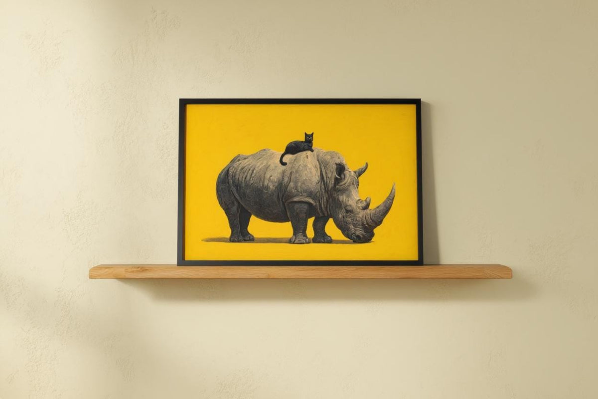 Rhino & Black Cat Wall Art, Funny Rhinoceros Poster, Quirky Animal Print, Bold Whimsical Wildlife Decor