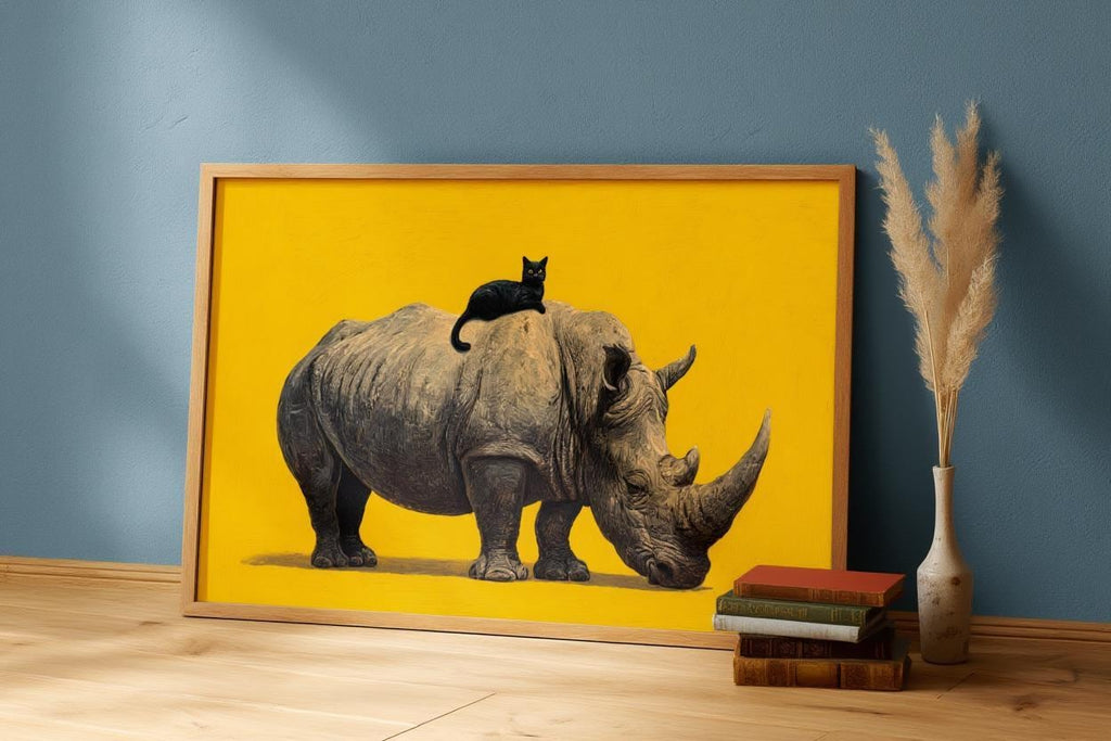 Rhino & Black Cat Wall Art, Funny Rhinoceros Poster, Quirky Animal Print, Bold Whimsical Wildlife Decor