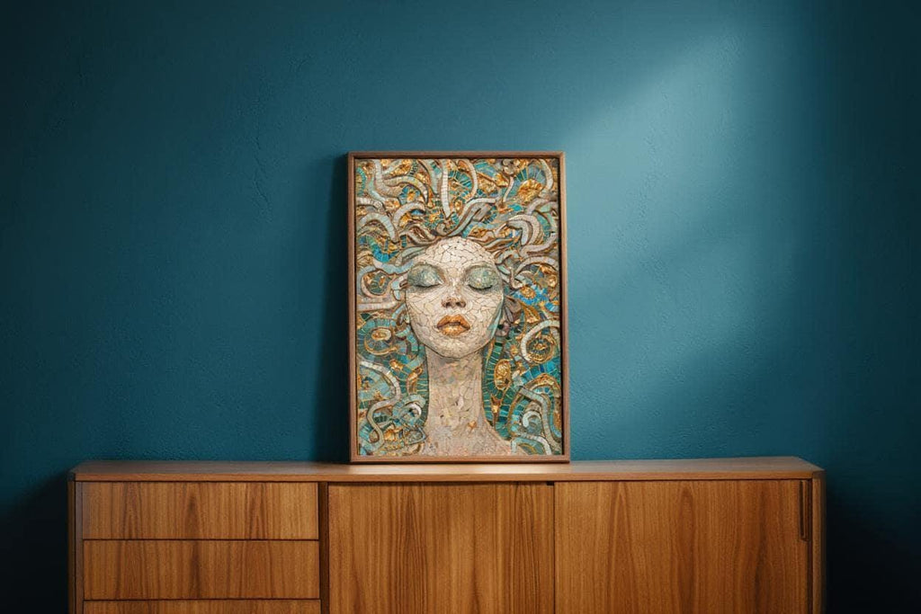 Medusa Mosaic Art Print, Teal Gold Serpent Goddess Wall, Dark Academia Greek Mythology Poster