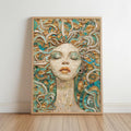 Medusa Mosaic Art Print, Teal Gold Serpent Goddess Wall, Dark Academia Greek Mythology Poster