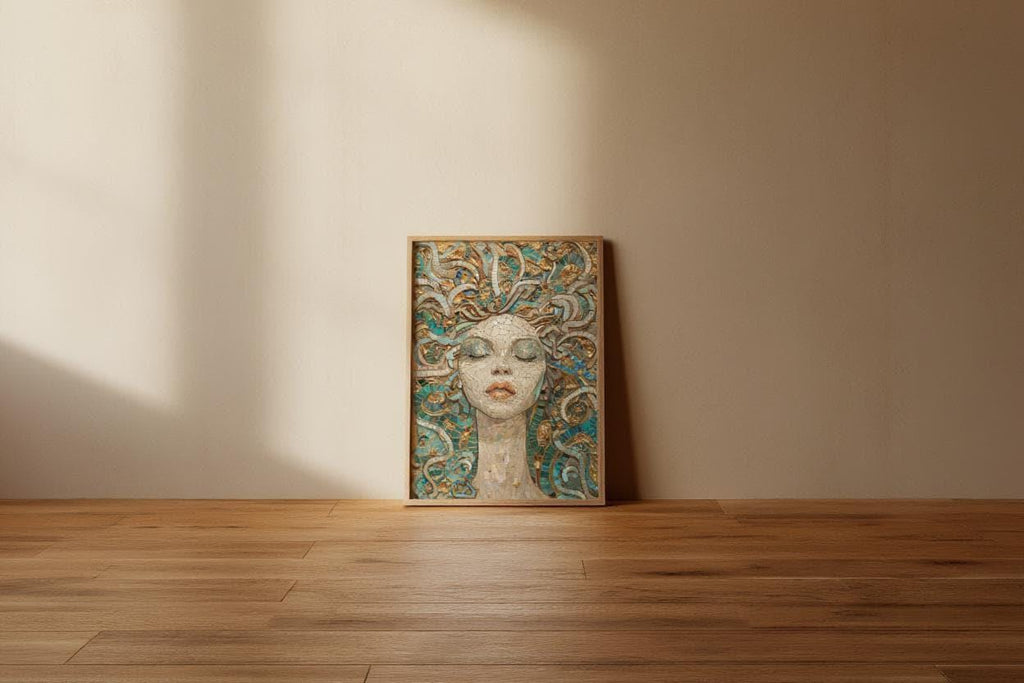 Medusa Mosaic Art Print, Teal Gold Serpent Goddess Wall, Dark Academia Greek Mythology Poster