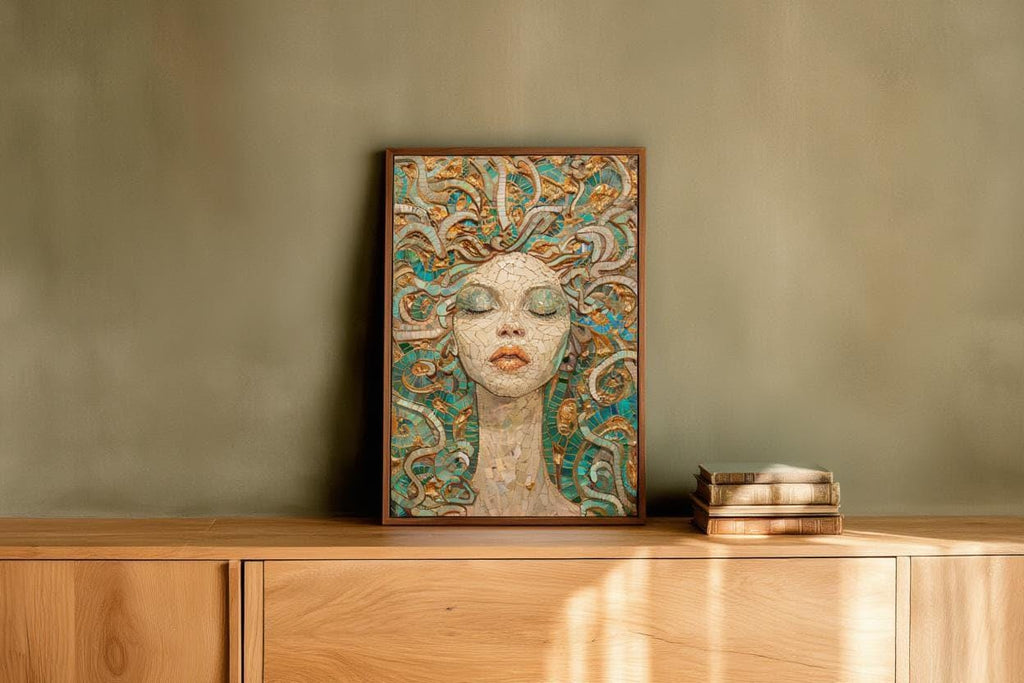 Medusa Mosaic Art Print, Teal Gold Serpent Goddess Wall, Dark Academia Greek Mythology Poster