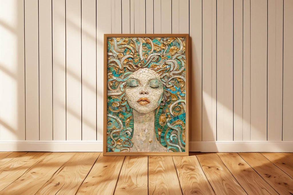 Medusa Mosaic Art Print, Teal Gold Serpent Goddess Wall, Dark Academia Greek Mythology Poster