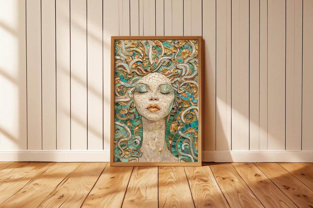 Medusa Mosaic Art Print, Teal Gold Serpent Goddess Wall, Dark Academia Greek Mythology Poster