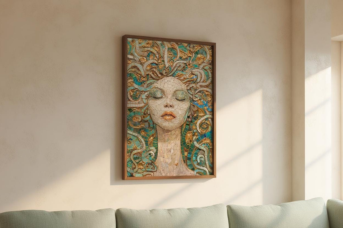 Medusa Mosaic Art Print, Teal Gold Serpent Goddess Wall, Dark Academia Greek Mythology Poster