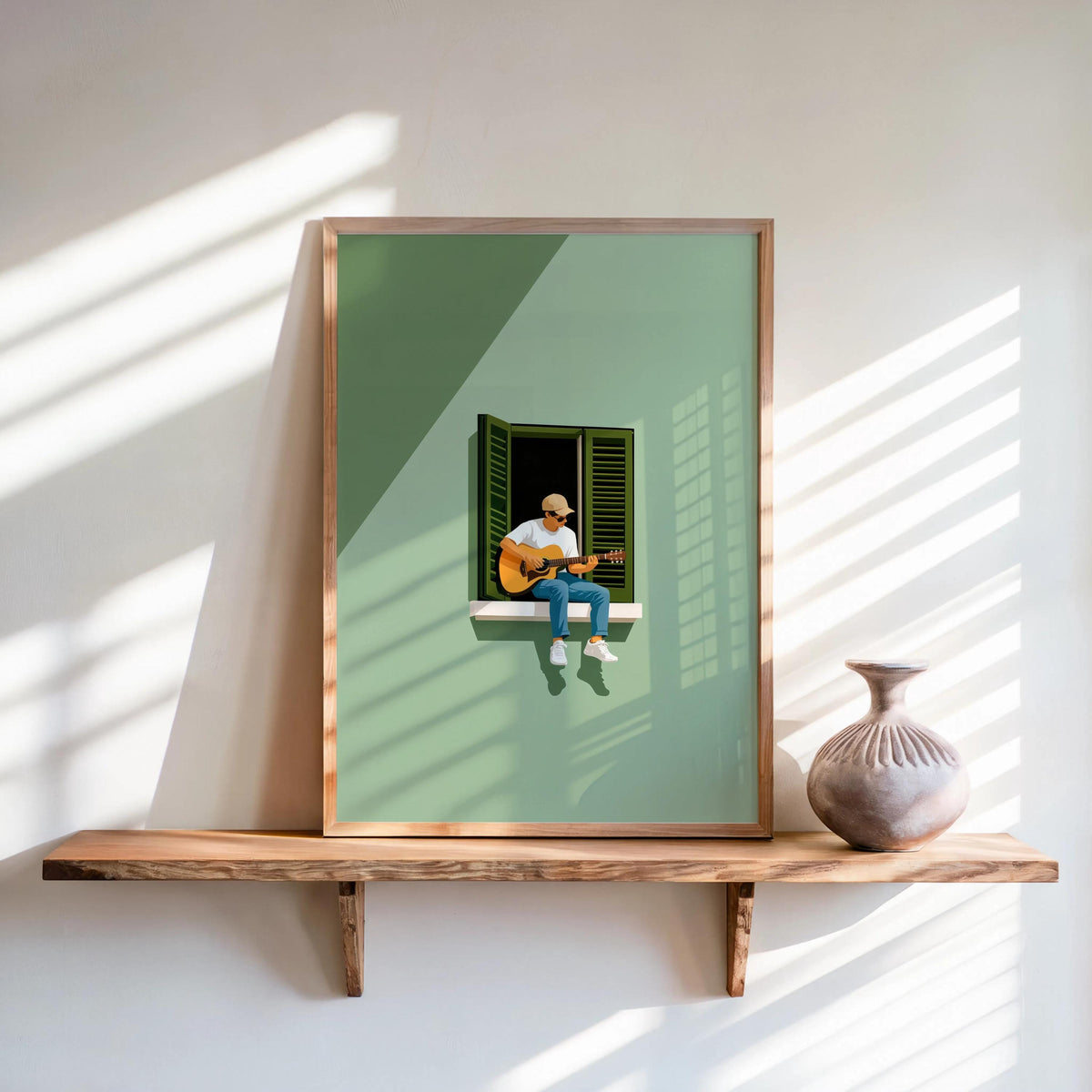 Guitar Player in Window Illustration, Minimalist Musician Art Print, Mediterranean Summer Music Graphic Poster, Multiple Colors Wall Art
