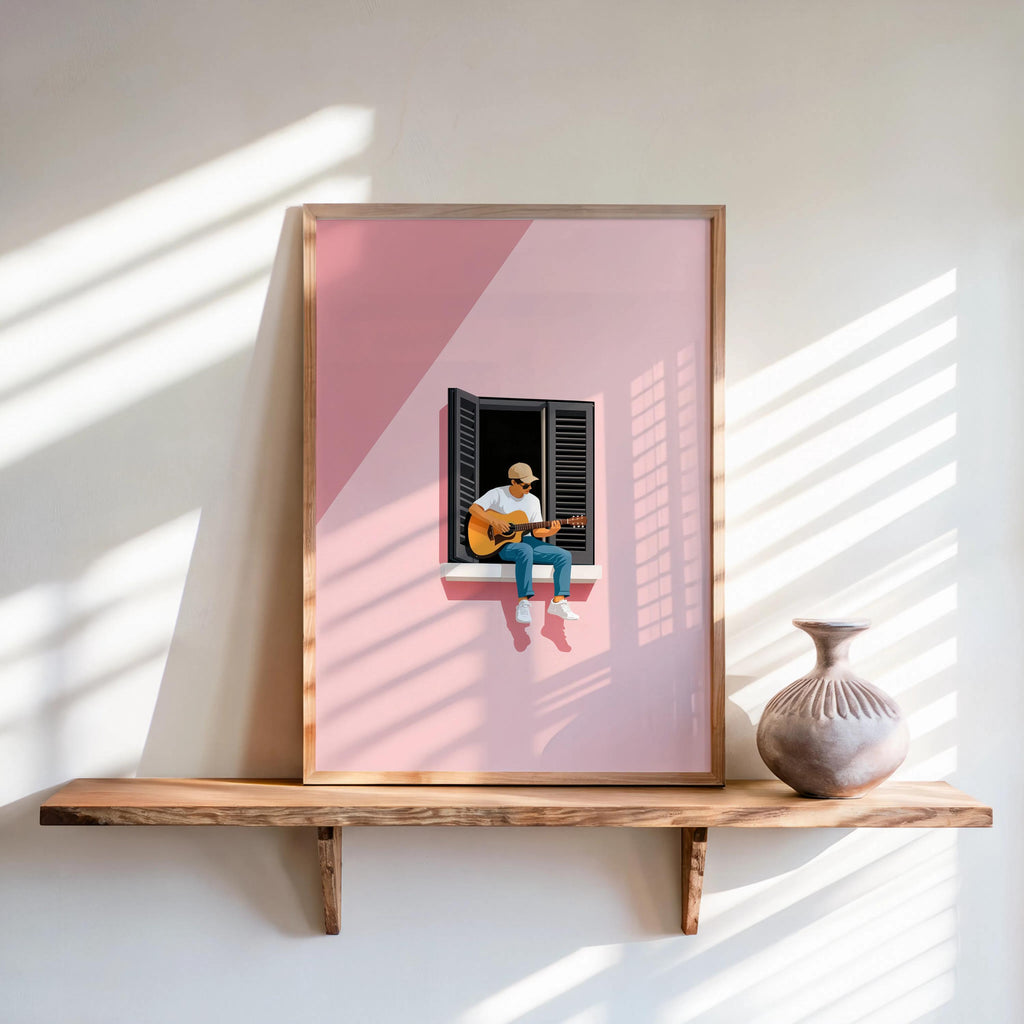 Guitar Player in Window Illustration, Minimalist Musician Art Print, Mediterranean Summer Music Graphic Poster, Multiple Colors Wall Art