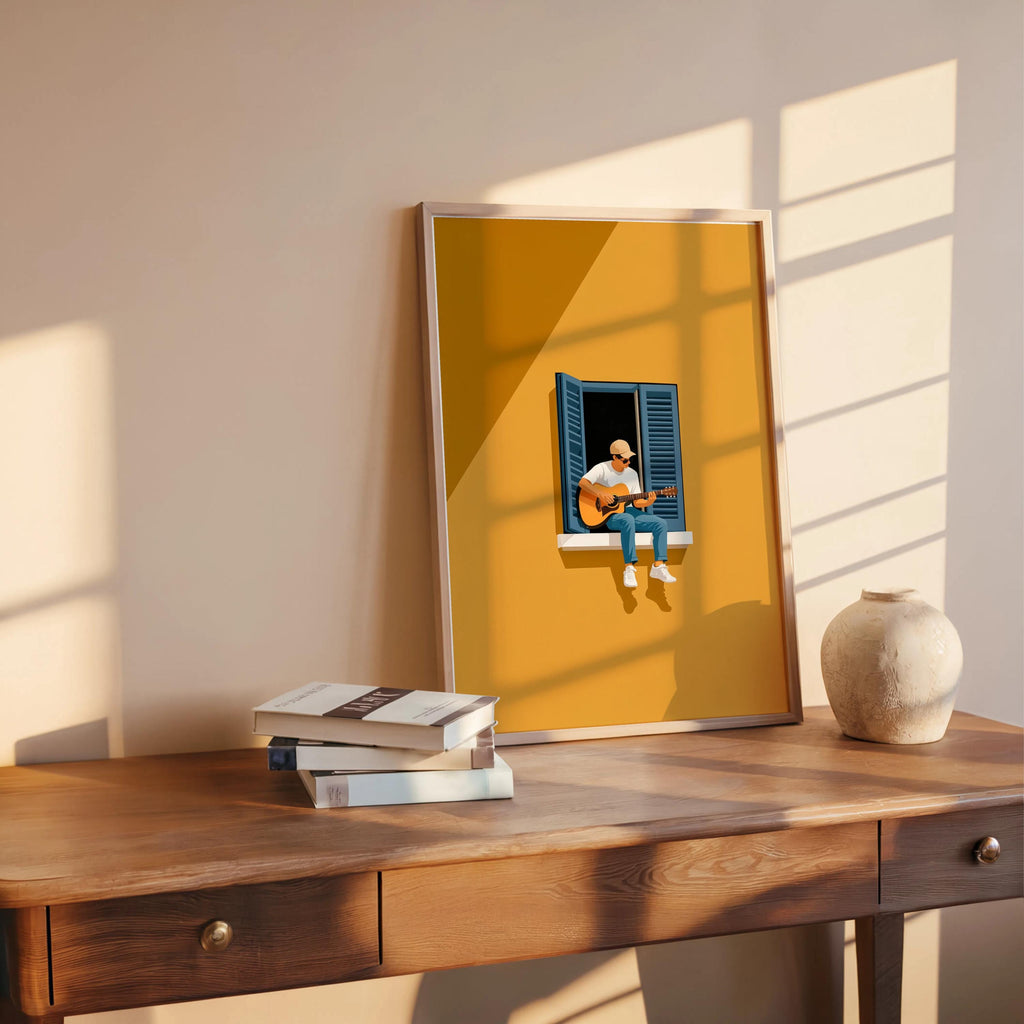 Guitar Player in Window Illustration, Minimalist Musician Art Print, Mediterranean Summer Music Graphic Poster, Multiple Colors Wall Art