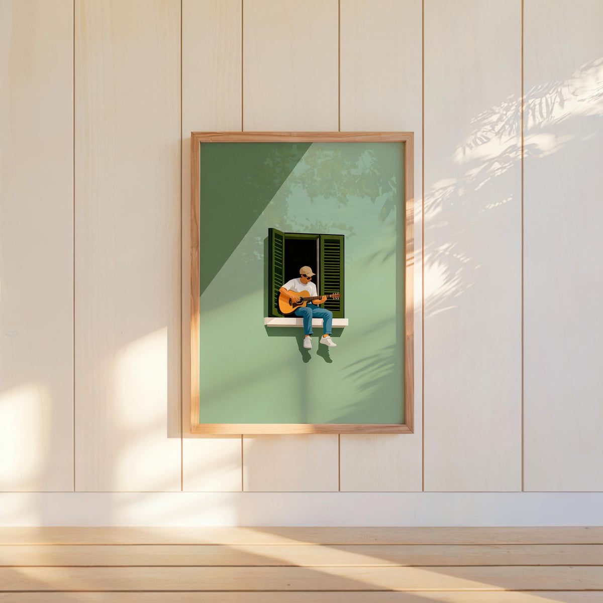 Guitar Player in Window Illustration, Minimalist Musician Art Print, Mediterranean Summer Music Graphic Poster, Multiple Colors Wall Art