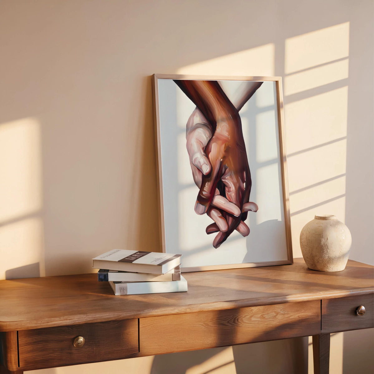 Interracial art love print - black and white biracial couple holding hands - Oil painting poster