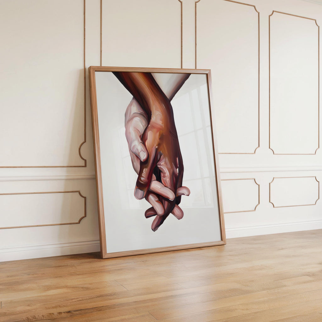 Interracial art love print - black and white biracial couple holding hands - Oil painting poster