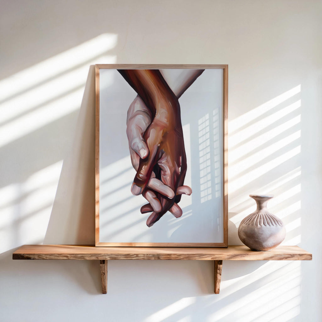 Interracial art love print - black and white biracial couple holding hands - Oil painting poster