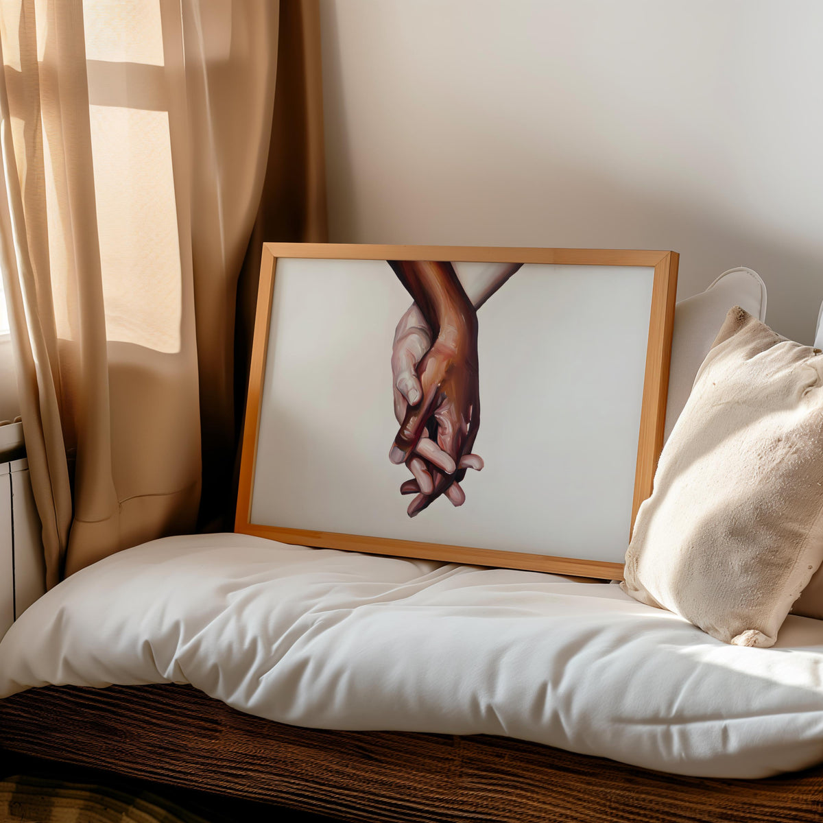 Interracial art love print - black and white biracial couple holding hands - Oil painting poster