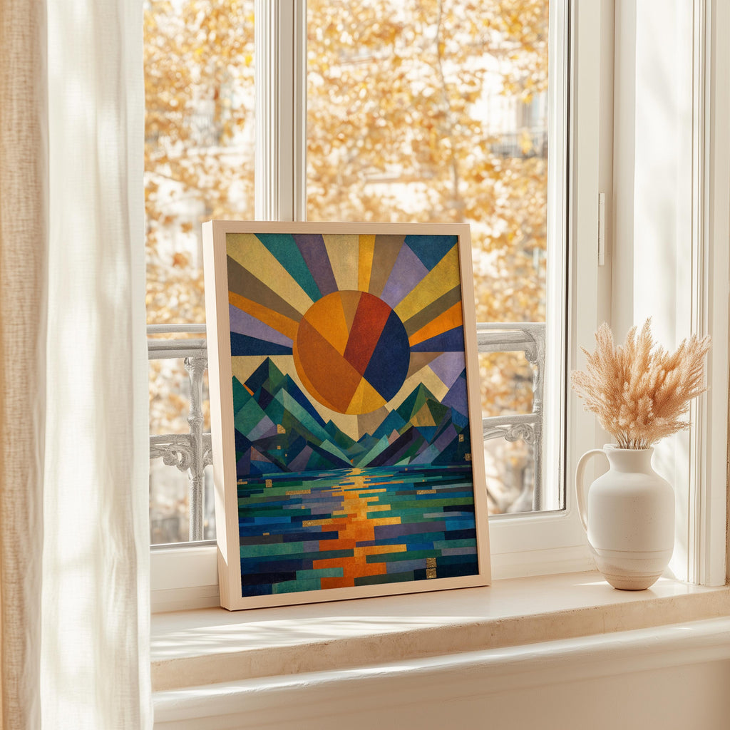 Geometric Sun Landscape Print: Abstract Mountain Wall Decor, Mid Century Poster