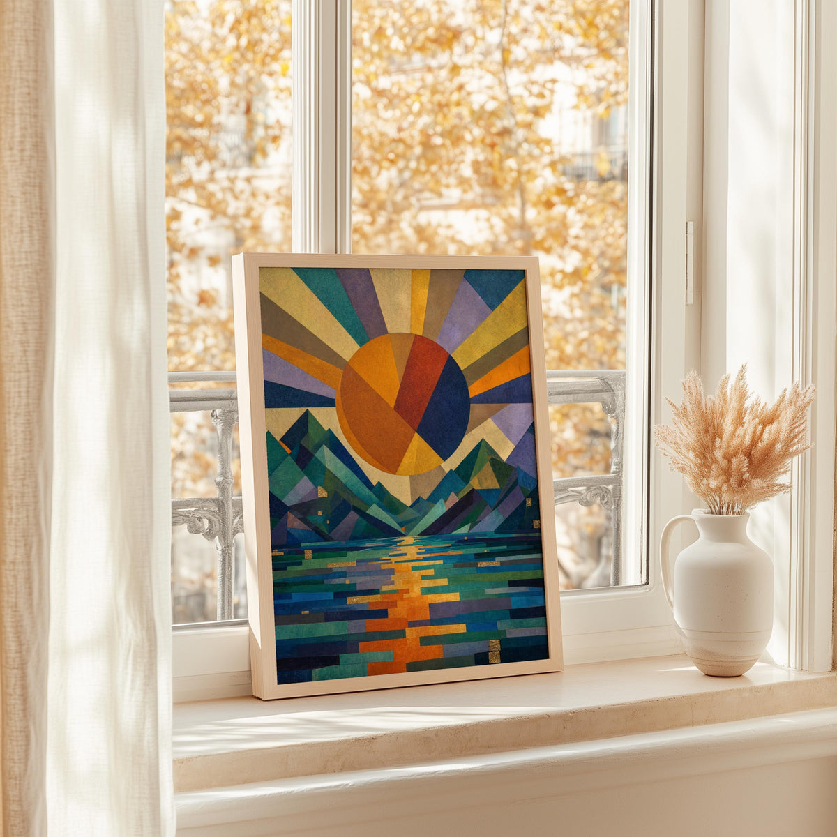 Geometric Sun Landscape Print: Abstract Mountain Wall Decor, Mid Century Poster