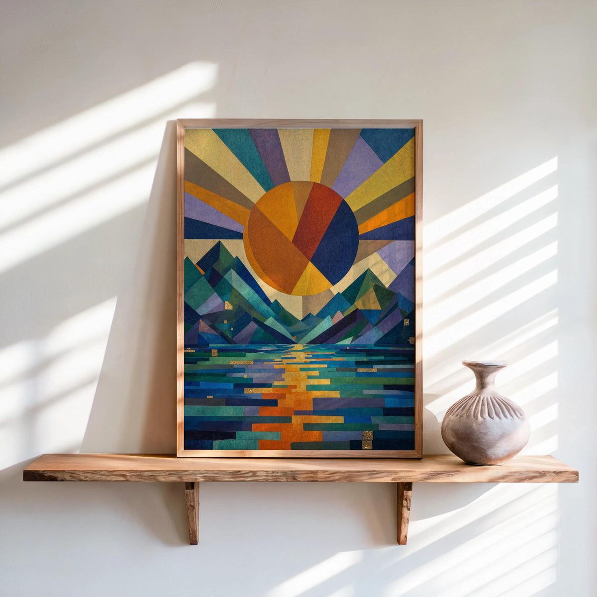 Geometric Sun Landscape Print: Abstract Mountain Wall Decor, Mid Century Poster
