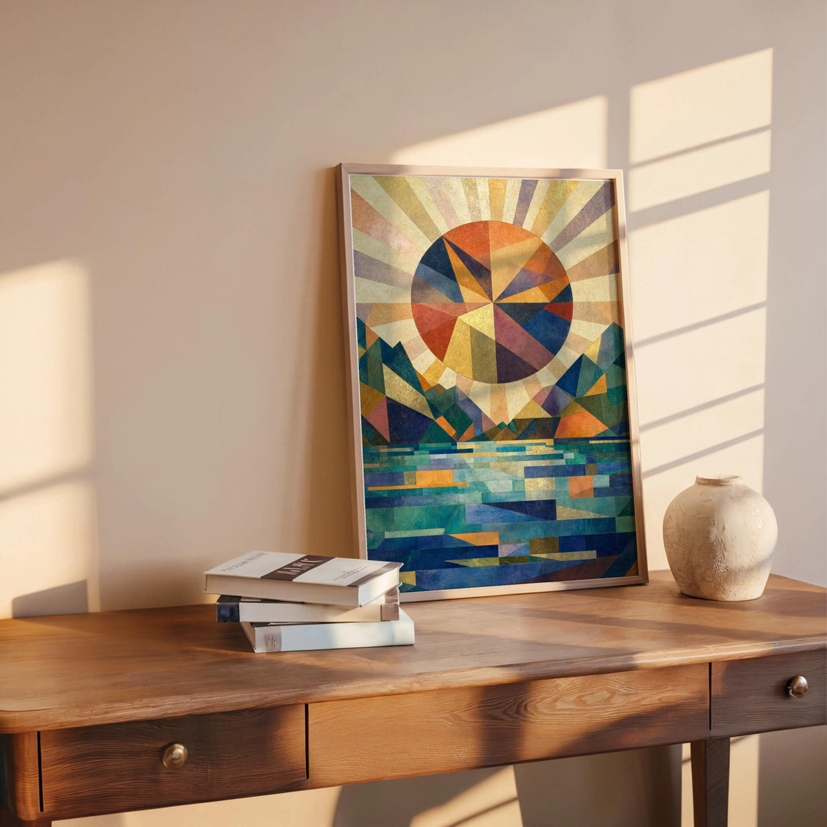 Framed abstract mountain sunset wall art resting on a wooden desk, warm angled sunlight, bauhaus style color blocking