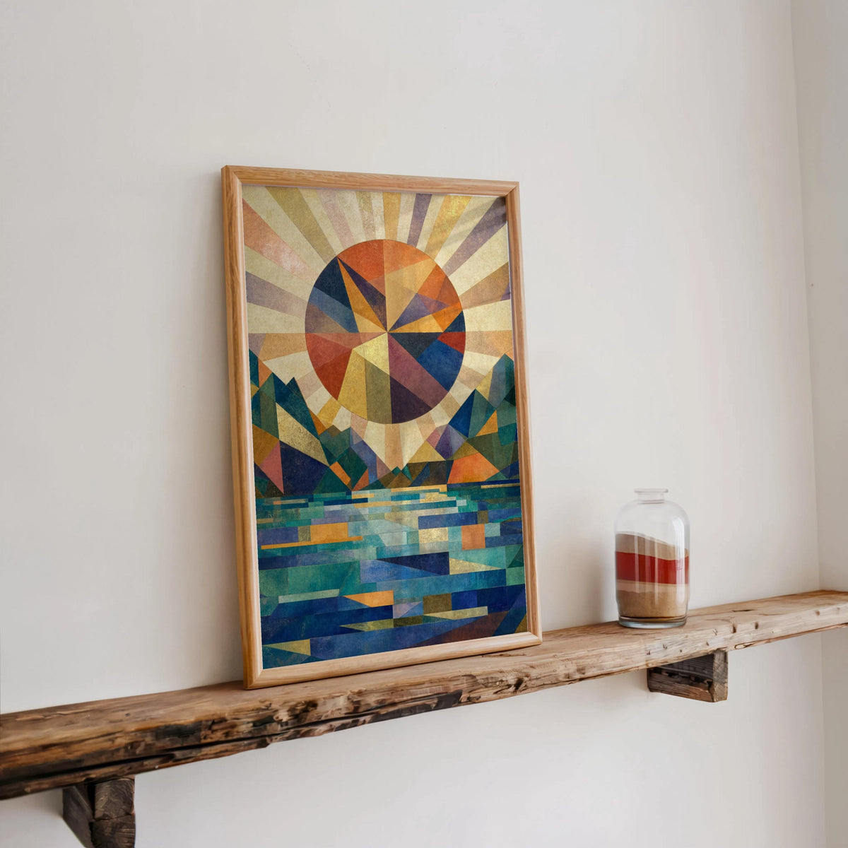 Framed print on a reclaimed wood shelf beside a candle, colorful abstract landscape art with stylized mountains and lake