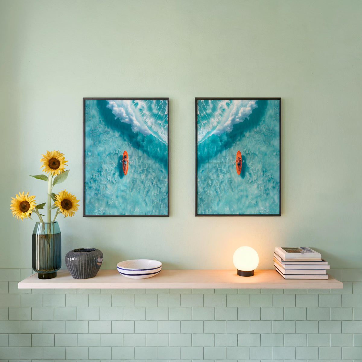 Surfer Art Set of 2: Aerial Beach Surfboard Couple Ocean Print, Coastal Living Wall Decor, Modern Minimalist Girl & Boy Summer Poster