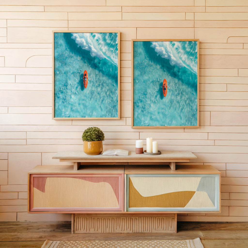 Surfer Art Set of 2: Aerial Beach Surfboard Couple Ocean Print, Coastal Living Wall Decor, Modern Minimalist Girl & Boy Summer Poster