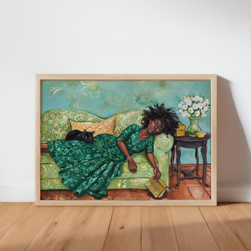 Reading Woman Sleeping & Cat Art Print: Cozy Boho Illustration, Whimsical Book Lover Decor, Reading Nook Library Poster, Bookish Wall Art