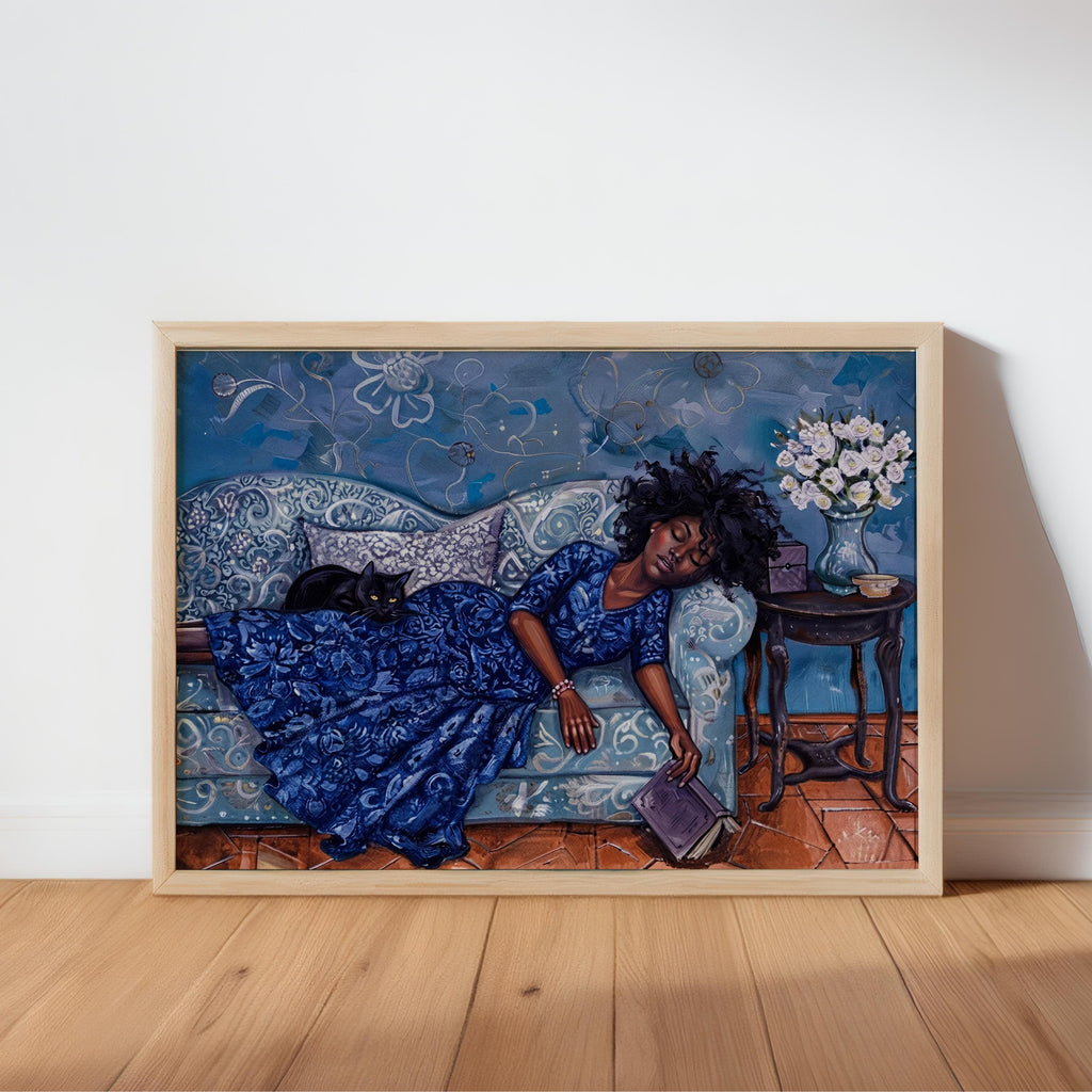 Reading Woman Sleeping & Cat Art Print: Cozy Boho Illustration, Whimsical Book Lover Decor, Reading Nook Library Poster, Bookish Wall Art