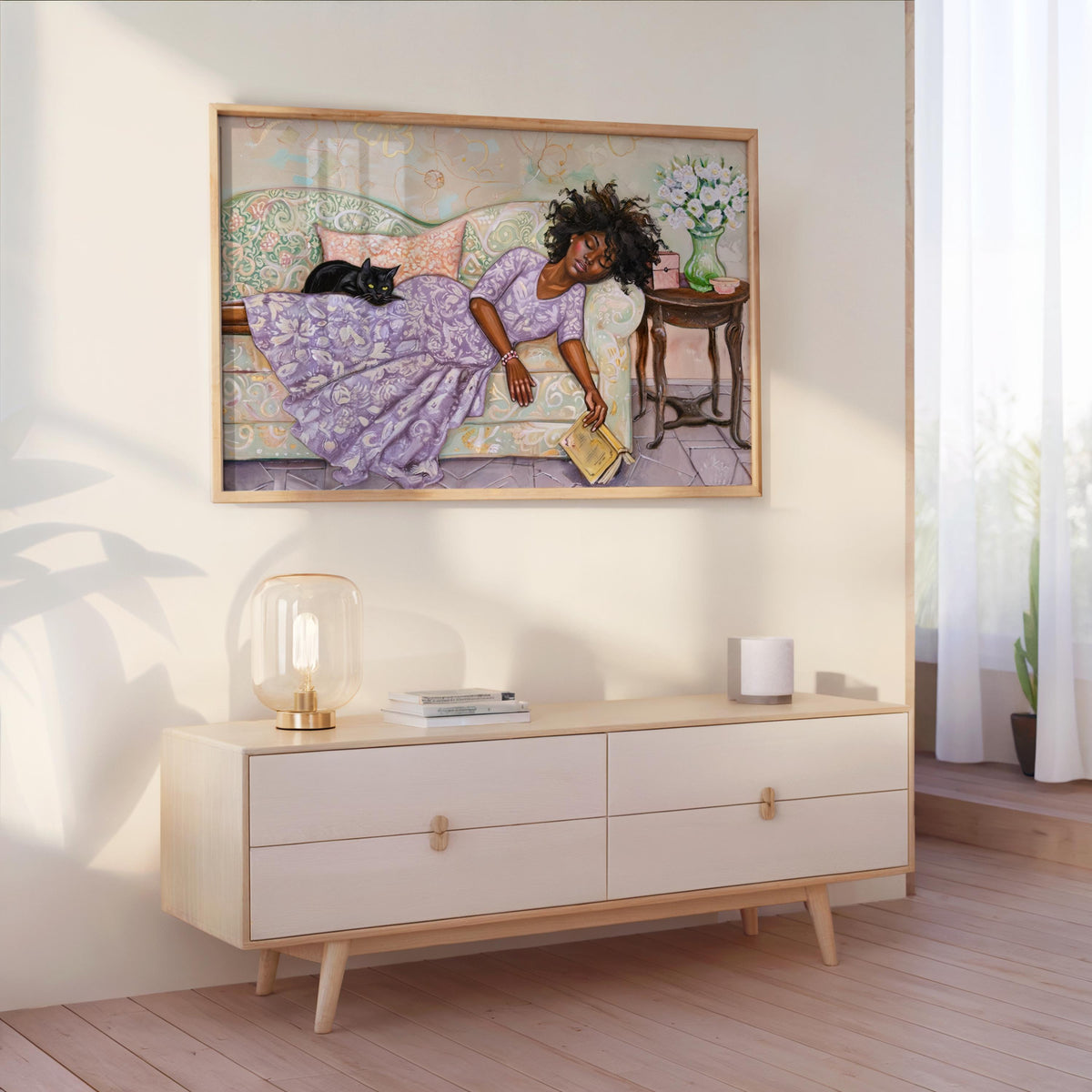 Reading Woman Sleeping & Cat Art Print: Cozy Boho Illustration, Whimsical Book Lover Decor, Reading Nook Library Poster, Bookish Wall Art