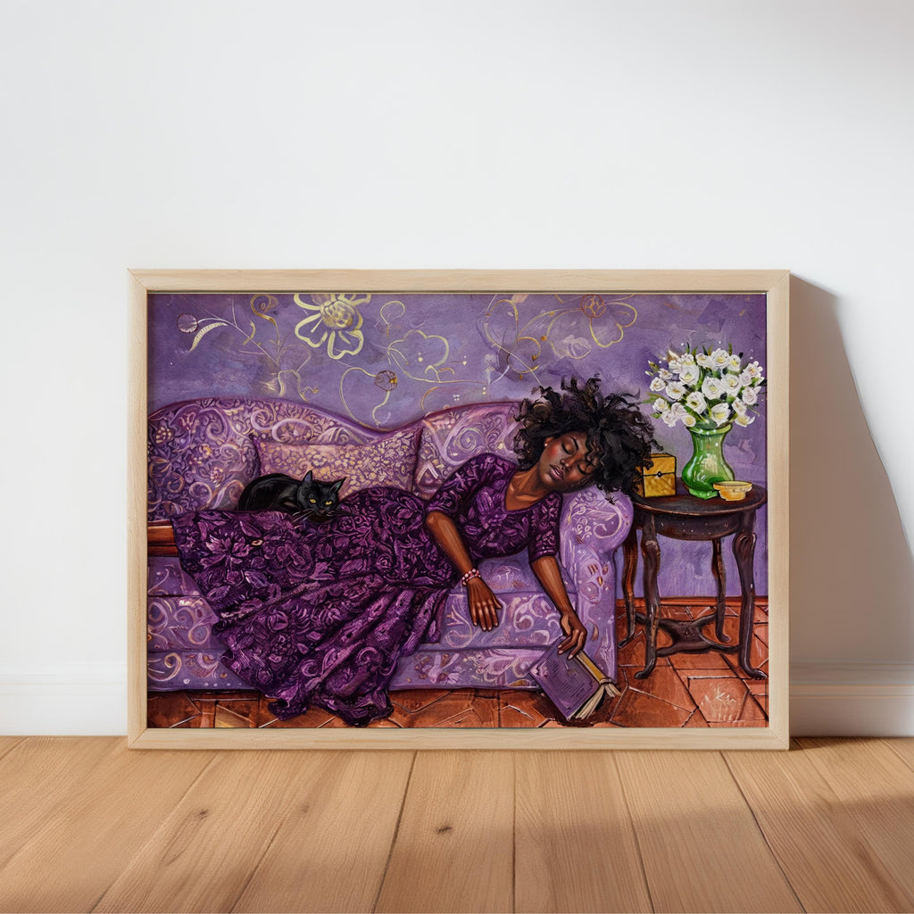 Reading Woman Sleeping & Cat Art Print: Cozy Boho Illustration, Whimsical Book Lover Decor, Reading Nook Library Poster, Bookish Wall Art