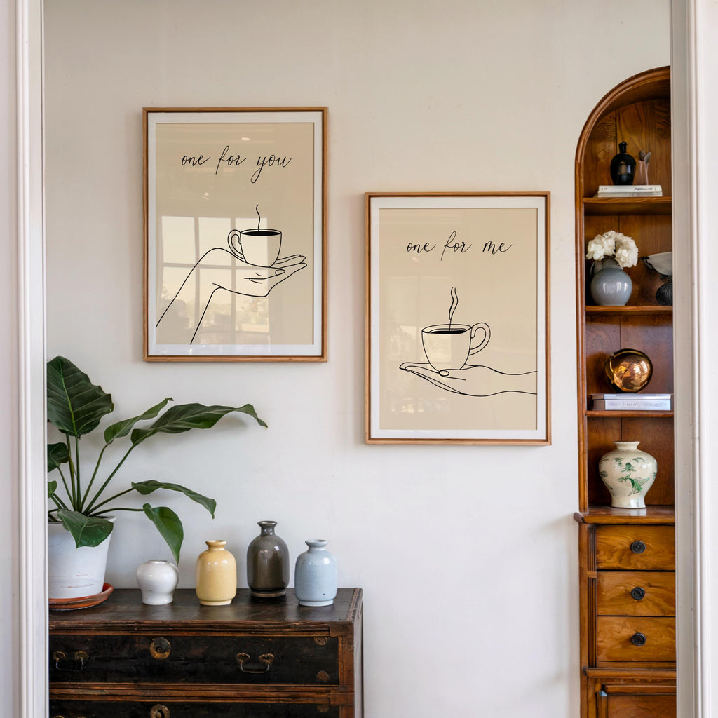 Cofee Art Print Set of 2, Minimalist Tea & Coffee Lover Poster, Kitchen Cafe Line Drawing Decor, One for You, One for Me Espresso Couple