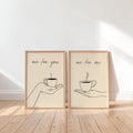 Cofee Art Print Set of 2, Minimalist Tea & Coffee Lover Poster, Kitchen Cafe Line Drawing Decor, One for You, One for Me Espresso Couple