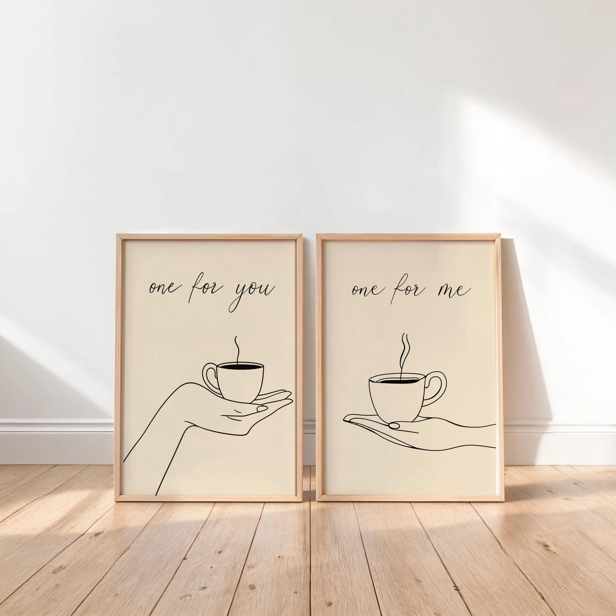 Cofee Art Print Set of 2, Minimalist Tea & Coffee Lover Poster, Kitchen Cafe Line Drawing Decor, One for You, One for Me Espresso Couple