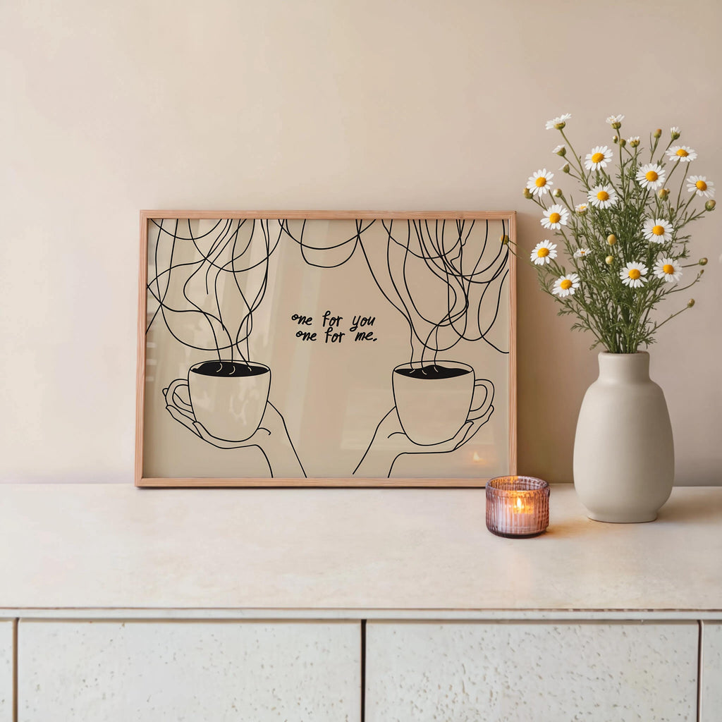 Coffee Quote Wall Art, Minimalist Line Art Print, Coffee Bar Kitchen Decor, One for You One for Me Poster