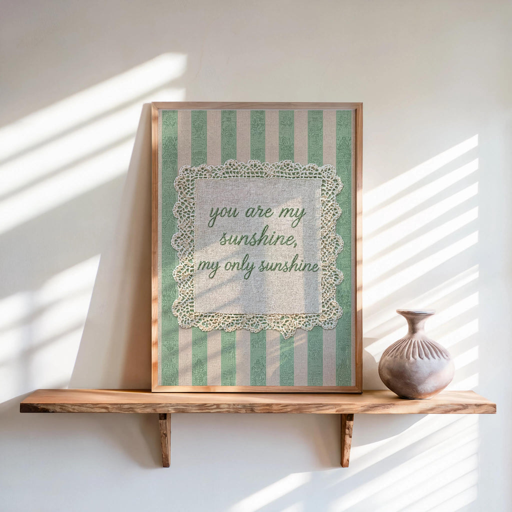 Vintage You Are My Sunshine Quote Print, Shabby Chic Rustic Farmhouse Wall Art, Crochet Lace Nursery Decor, Romantic Pastel Pink Blue Green