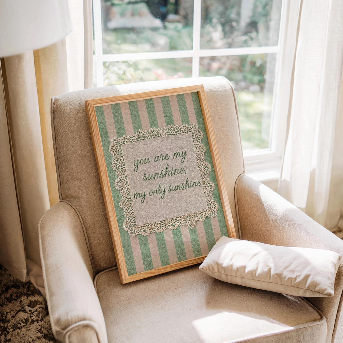 Vintage You Are My Sunshine Quote Print, Shabby Chic Rustic Farmhouse Wall Art, Crochet Lace Nursery Decor, Romantic Pastel Pink Blue Green