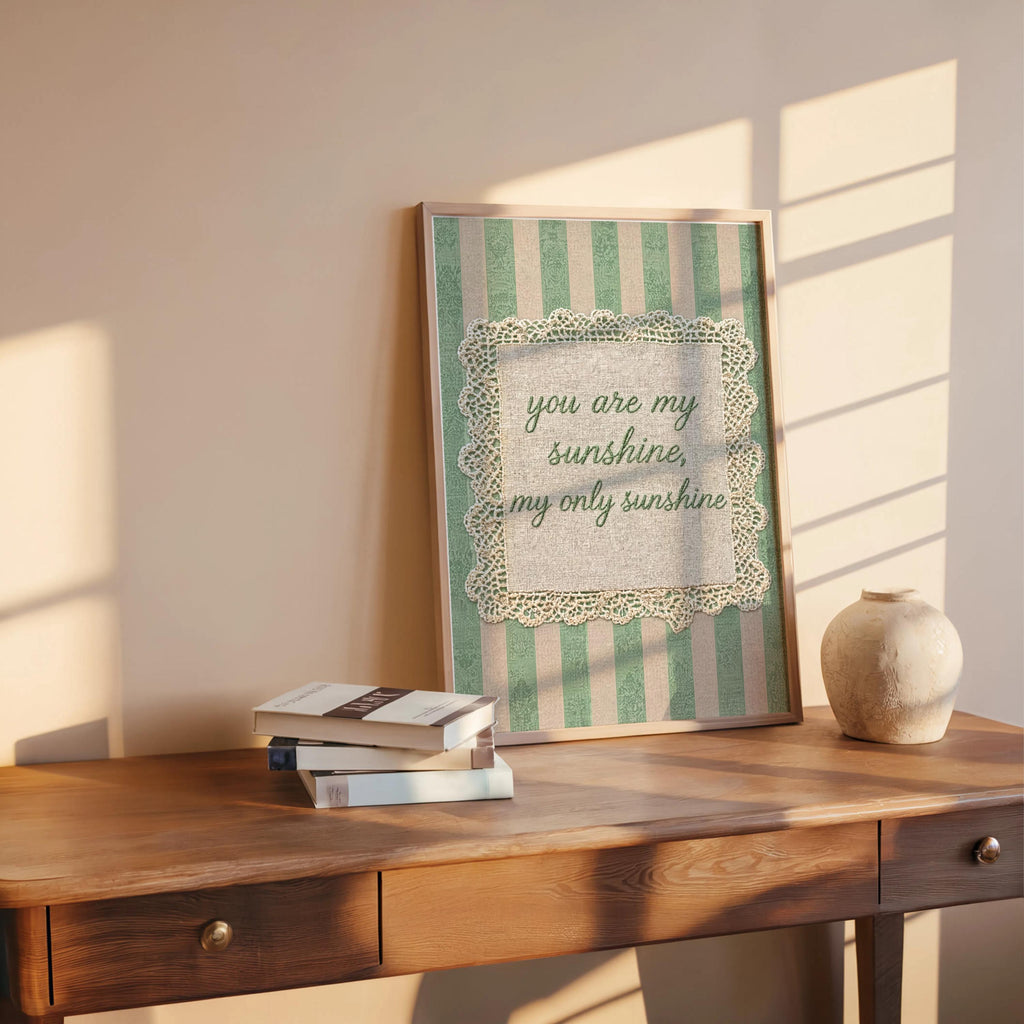 Vintage You Are My Sunshine Quote Print, Shabby Chic Rustic Farmhouse Wall Art, Crochet Lace Nursery Decor, Romantic Pastel Pink Blue Green