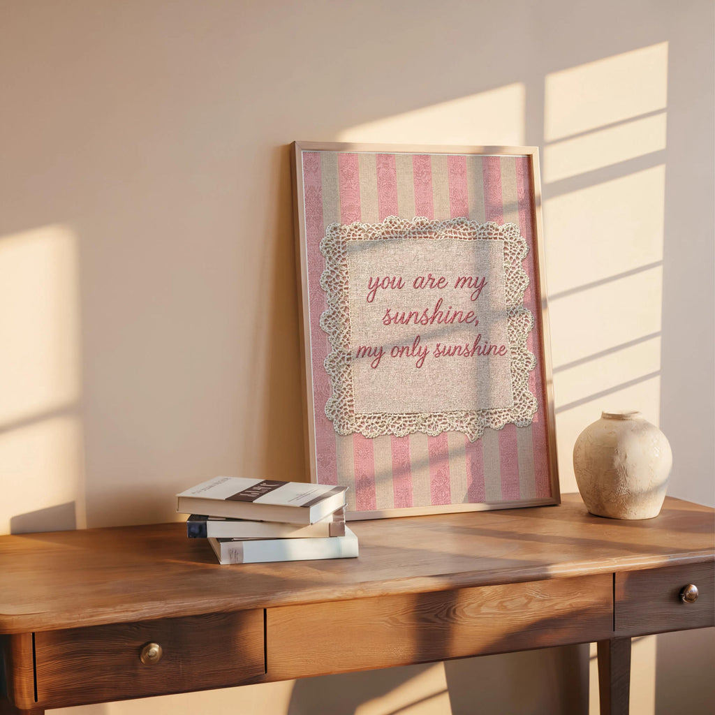 Vintage You Are My Sunshine Quote Print, Shabby Chic Rustic Farmhouse Wall Art, Crochet Lace Nursery Decor, Romantic Pastel Pink Blue Green