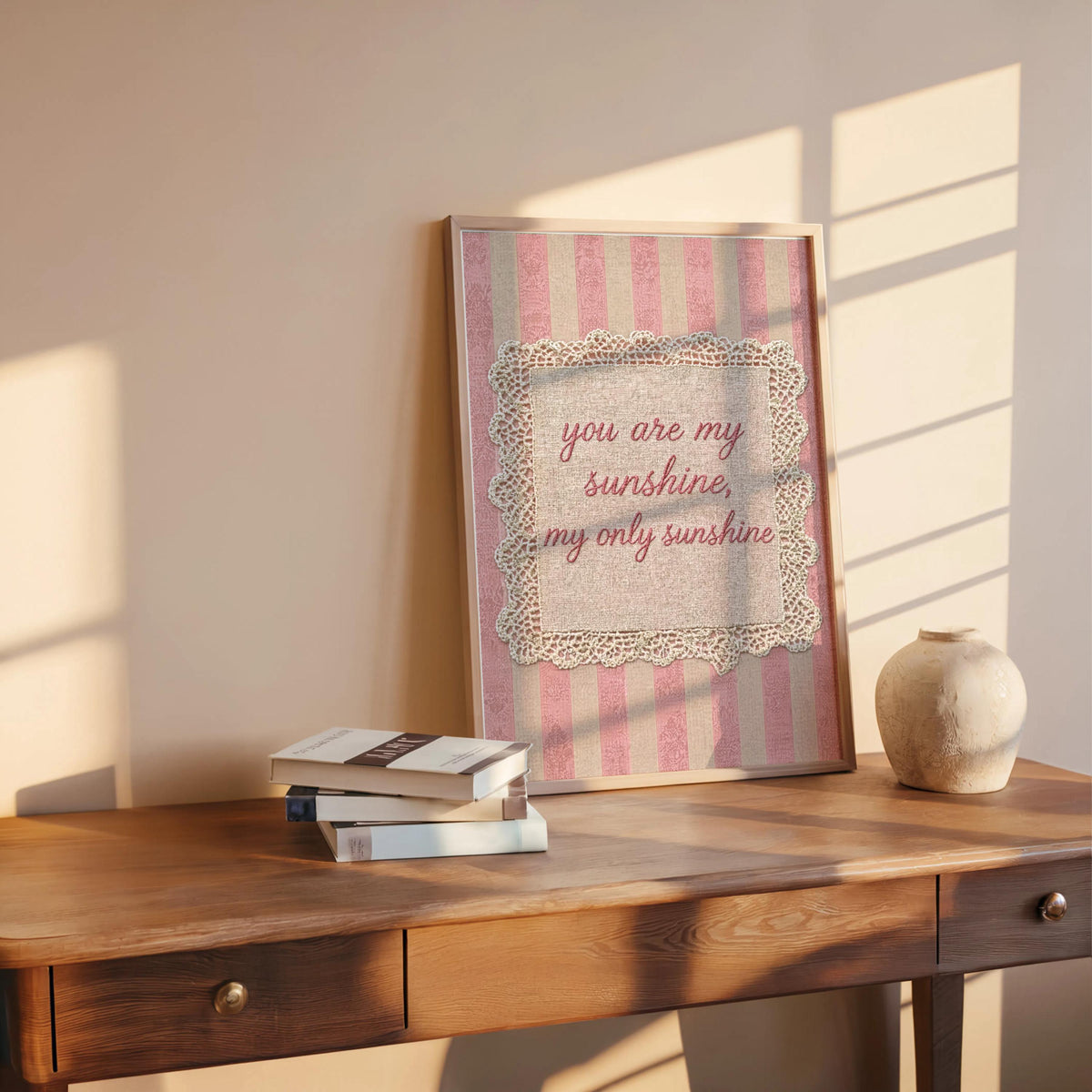 Vintage You Are My Sunshine Quote Print, Shabby Chic Rustic Farmhouse Wall Art, Crochet Lace Nursery Decor, Romantic Pastel Pink Blue Green