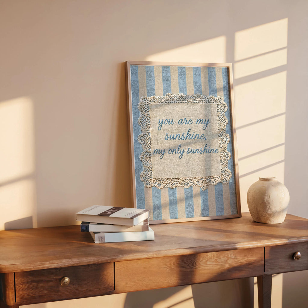 Vintage You Are My Sunshine Quote Print, Shabby Chic Rustic Farmhouse Wall Art, Crochet Lace Nursery Decor, Romantic Pastel Pink Blue Green