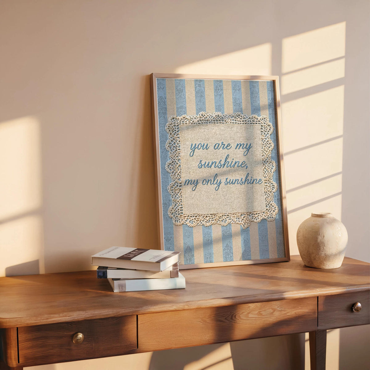 Vintage You Are My Sunshine Quote Print, Shabby Chic Rustic Farmhouse Wall Art, Crochet Lace Nursery Decor, Romantic Pastel Pink Blue Green