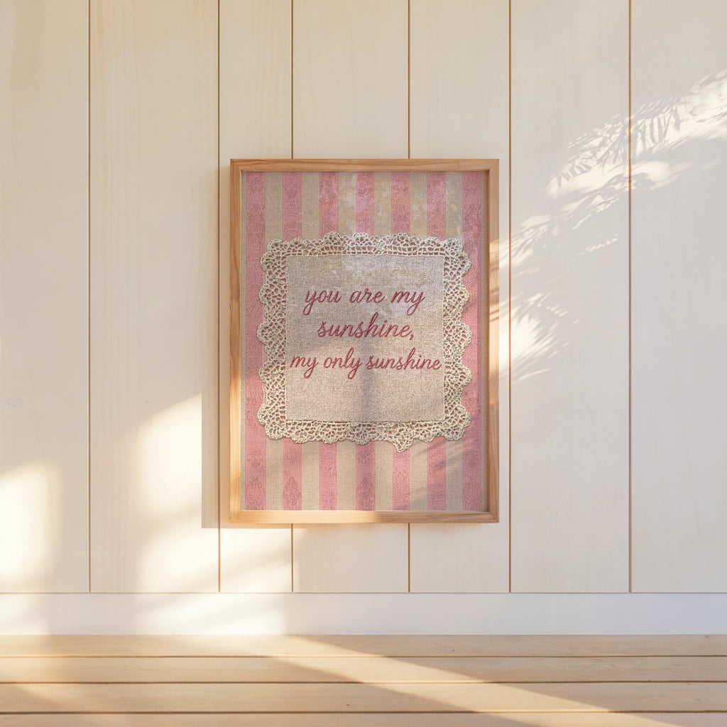 Vintage You Are My Sunshine Quote Print, Shabby Chic Rustic Farmhouse Wall Art, Crochet Lace Nursery Decor, Romantic Pastel Pink Blue Green