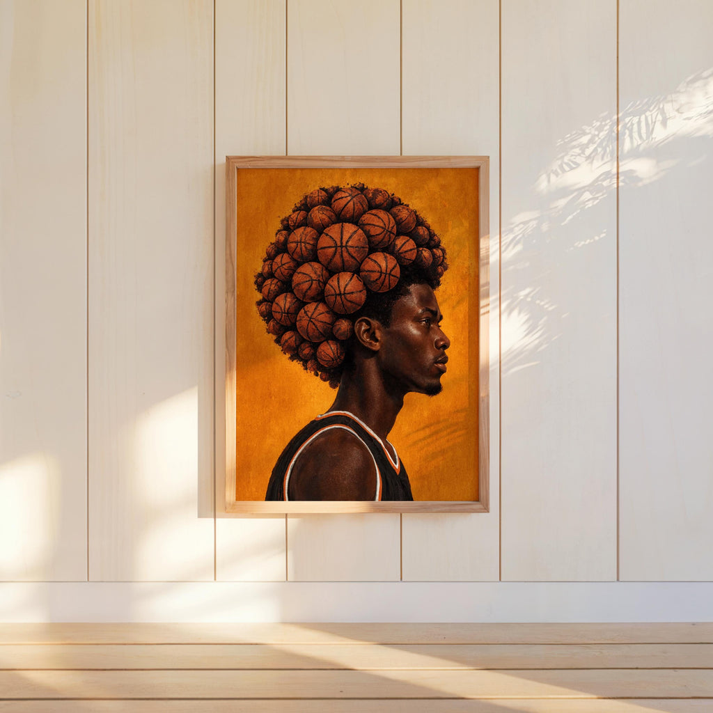 Basketball Afro Print, Surreal Athlete Portrait, Sneakerhead Sports Decor, Afrocentric Black Man Culture Poster, Modern Urban Wall Art