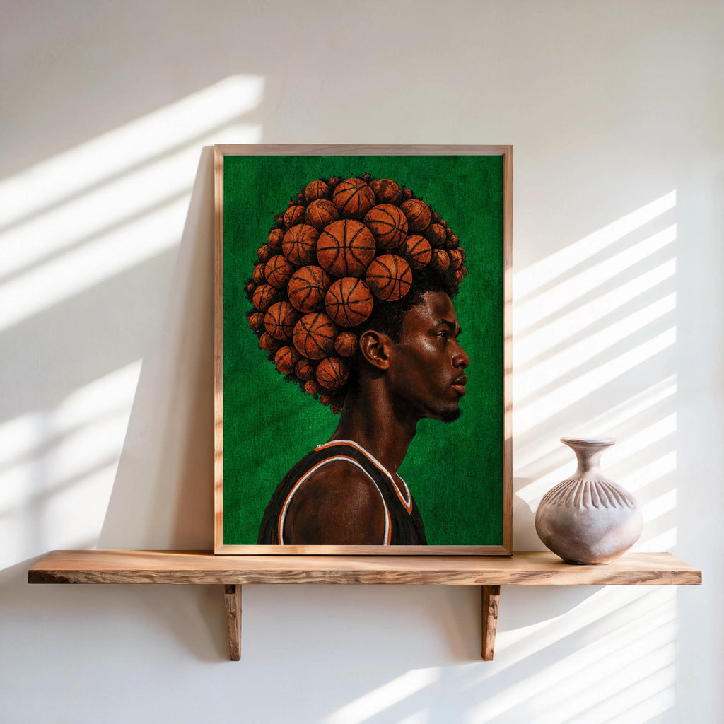 Basketball Afro Print, Surreal Athlete Portrait, Sneakerhead Sports Decor, Afrocentric Black Man Culture Poster, Modern Urban Wall Art
