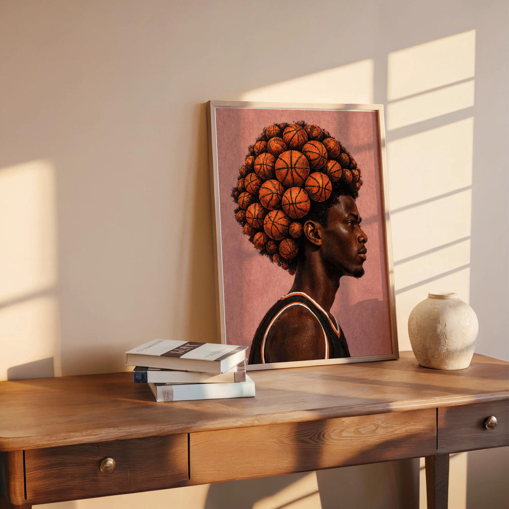 Basketball Afro Print, Surreal Athlete Portrait, Sneakerhead Sports Decor, Afrocentric Black Man Culture Poster, Modern Urban Wall Art