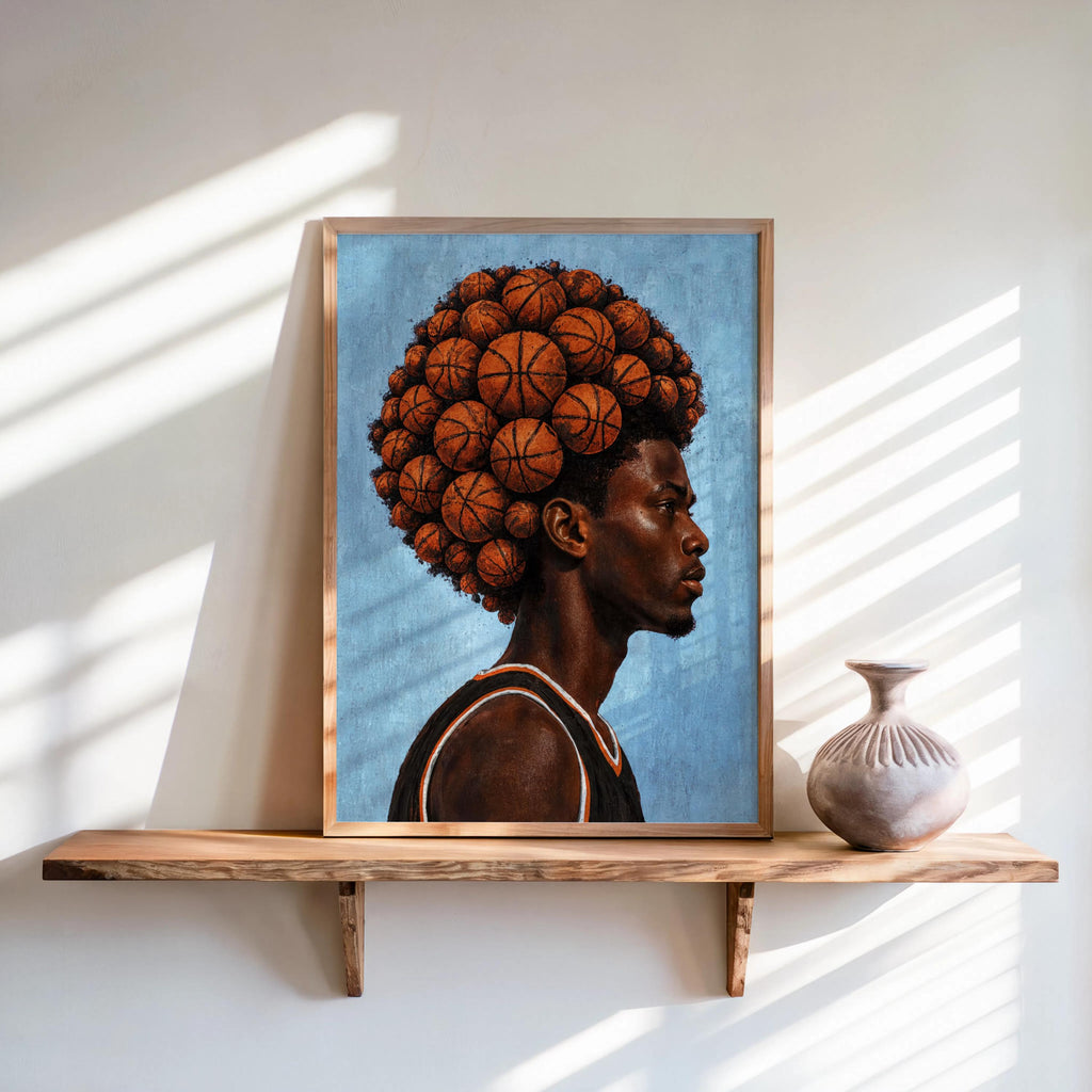 Basketball Afro Print, Surreal Athlete Portrait, Sneakerhead Sports Decor, Afrocentric Black Man Culture Poster, Modern Urban Wall Art