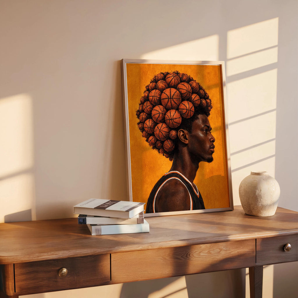 Basketball Afro Print, Surreal Athlete Portrait, Sneakerhead Sports Decor, Afrocentric Black Man Culture Poster, Modern Urban Wall Art