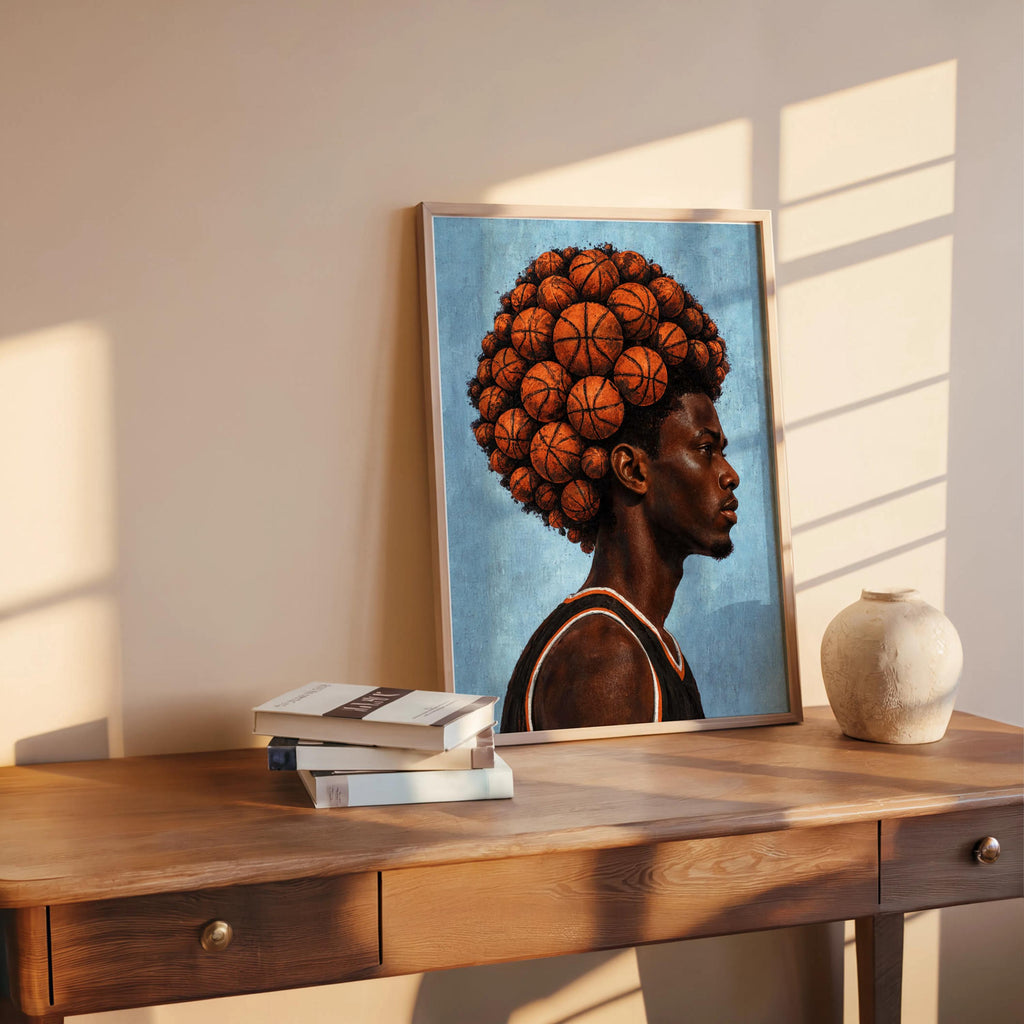 Basketball Afro Print, Surreal Athlete Portrait, Sneakerhead Sports Decor, Afrocentric Black Man Culture Poster, Modern Urban Wall Art
